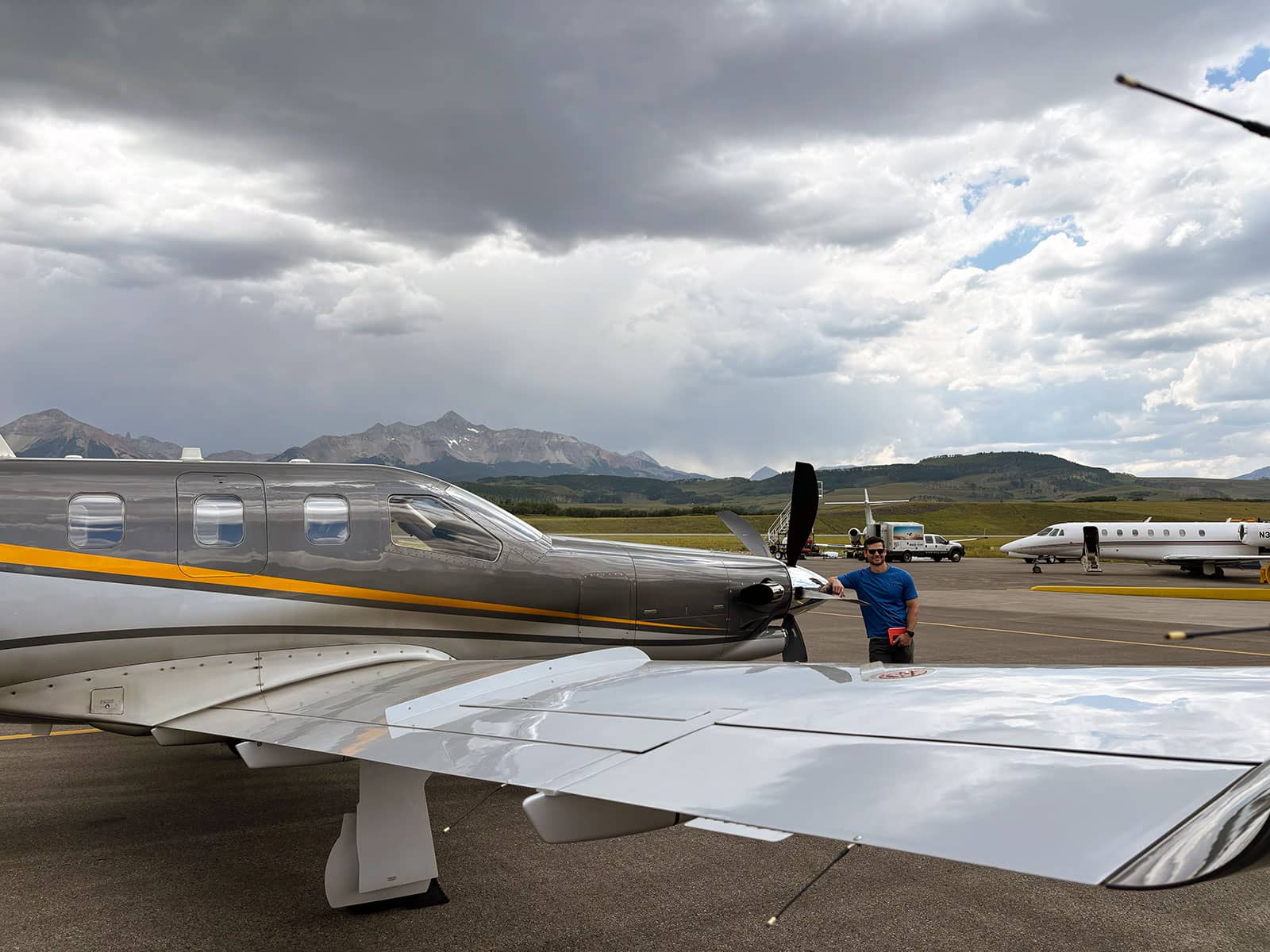 Pilot Jim Hodgson with his TBM910 in Telluride (KTEX) during Annual Recurrent Training